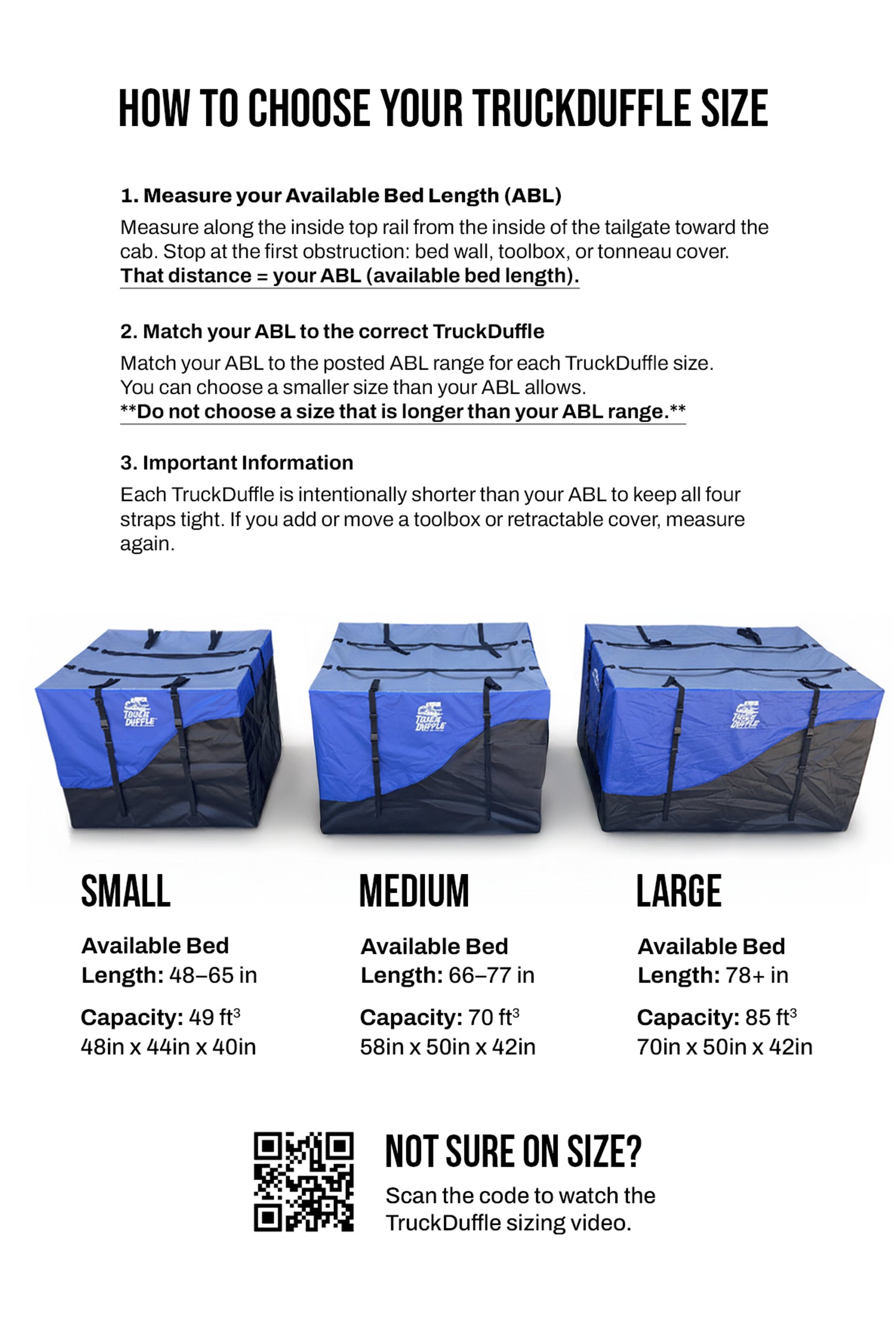 TruckDuffle Size Chart