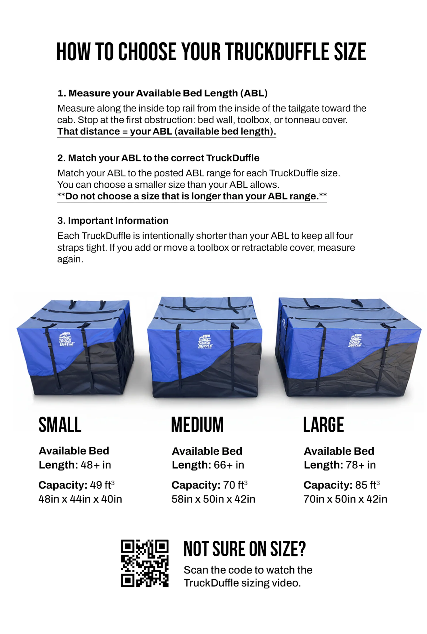 TruckDuffle Size Chart